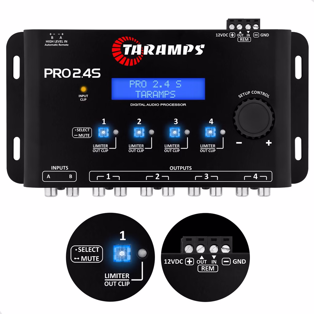 Processador De Áudio Digital Taramps PRO 2.4S 4 Saídas Equalizador Crossover - RCA FIO