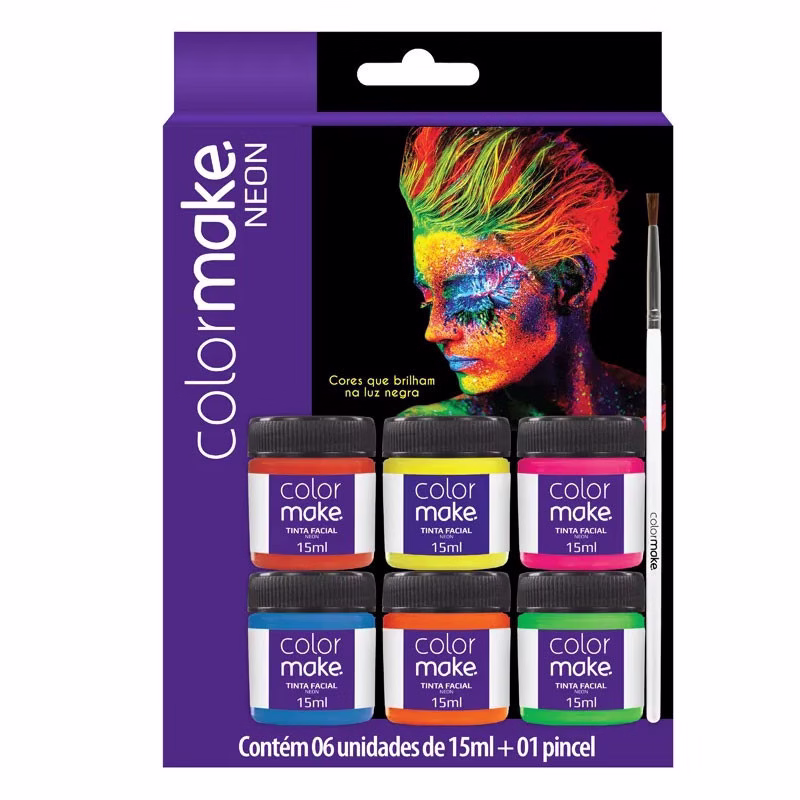Tinta líquida facial fluor com 6 cores + 1 pincel 1003 Colormake