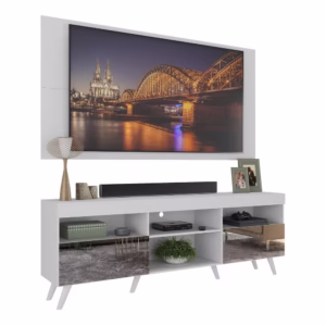 Rack c/ Painel P/TV 65", espelho e pés retrô Flórida Multimóveis Branco