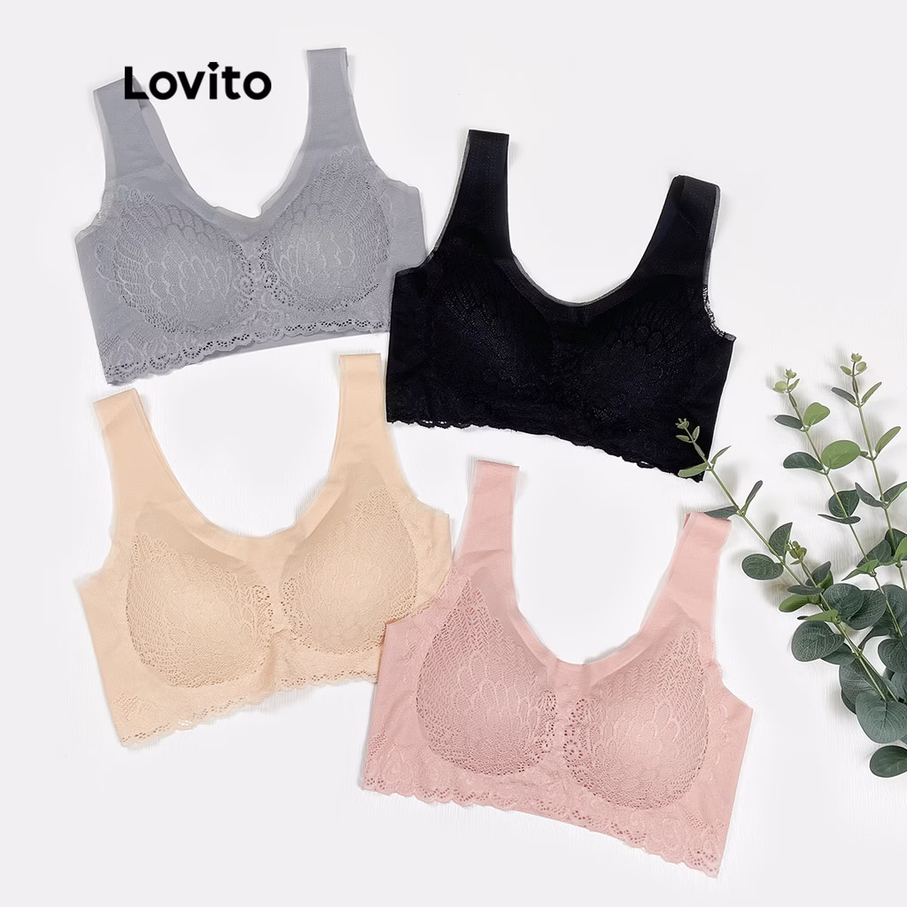 Lovito Casual Sutiã com Renda e Almofadas Removíveis Ajuste Ajustável L00001 (Bege/Rosa/Preto/Cinza) - Imagem 2