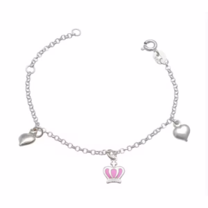Pulseira infantil coroa rosa e coração - prata 925