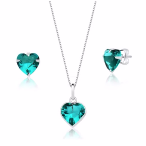 conjunto brinco e colar coração prata 925 verde agua