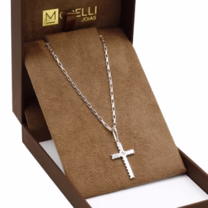 Corrente de prata 925 masculina malha cartie 70cm crucifixo laterais diamantadas