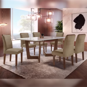 Conjunto Sala de Jantar Nápoles Tampo Vidro/mdf com 6 Cadeiras Luísa Smart Plus Chocolate/Off White/Areia