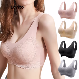 Lovito Casual Sutiã com Renda e Almofadas Removíveis Ajuste Ajustável L00001 (Bege/Rosa/Preto/Cinza)