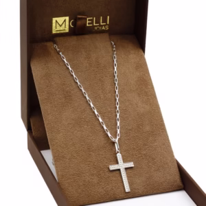 Corrente De Prata 925 Masculina cartie 70cm com Pingente Crucifixo pontilhado