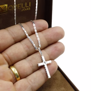 Corrente de prata 925 piastrine diamantada 70cm pingente crucifixo laterais diamantadas