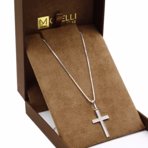 Corrente cordão de prata 925 Masculina Veneziana 70cm Pingente cruz pontilhada