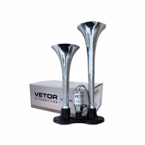 Buzina Dupla 2 Cornetas Cromada a Ar Com Valvula Eletrica 12v Vetor VT043