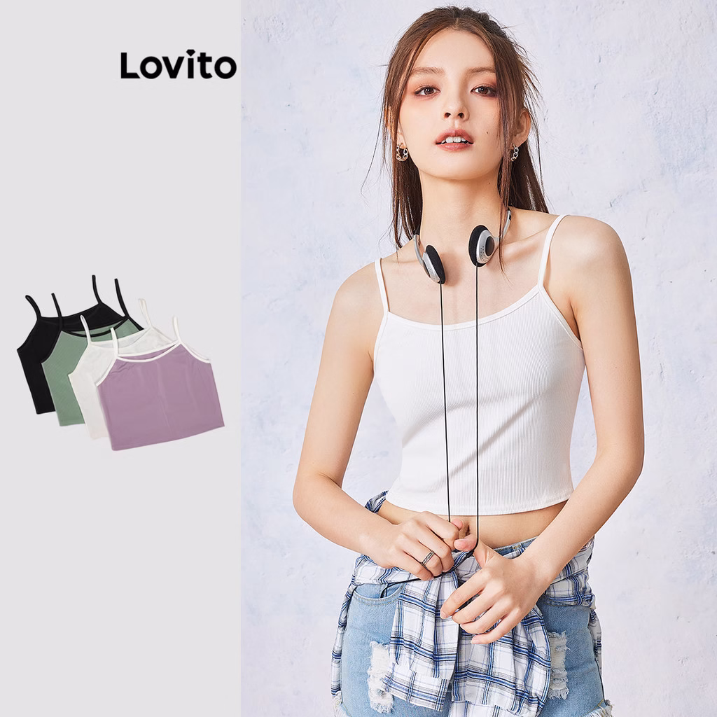 Lovito Top Casual em Cor Lisa L00008 (Verde/Rosa/Branco/Preto/2Pçs/3Pçs)