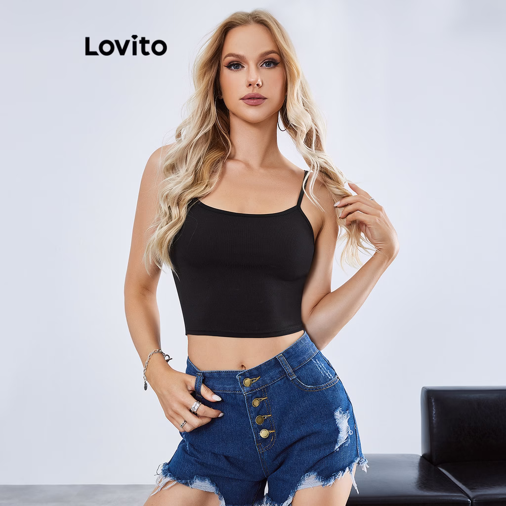 Lovito Top Casual em Cor Lisa L00008 (Verde/Rosa/Branco/Preto/2Pçs/3Pçs) - Imagem 2
