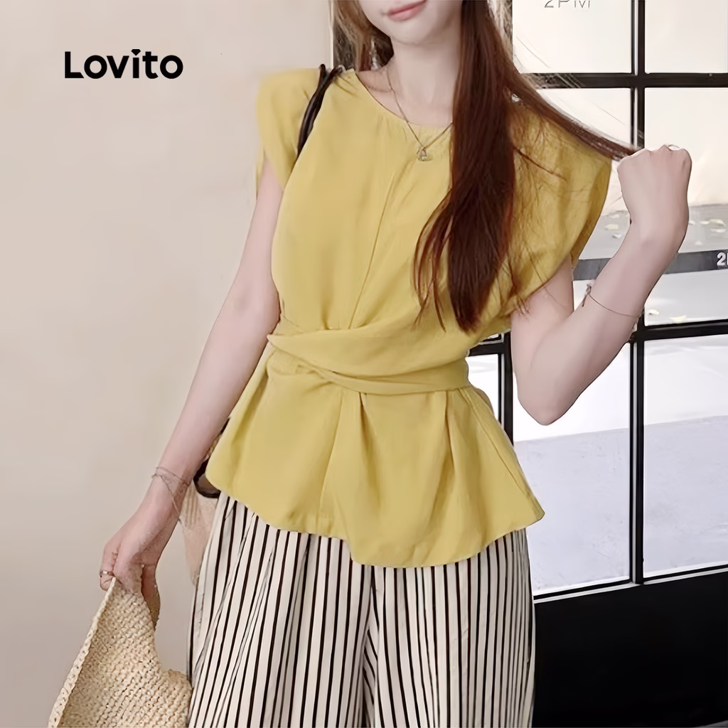 Blusa Feminina Casual Amarela Lisa Com Amarração Frontal Para Primavera Verão L134ED1375 - Imagem 2