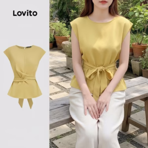 Blusa Feminina Casual Amarela Lisa Com Amarração Frontal Para Primavera Verão L134ED1375