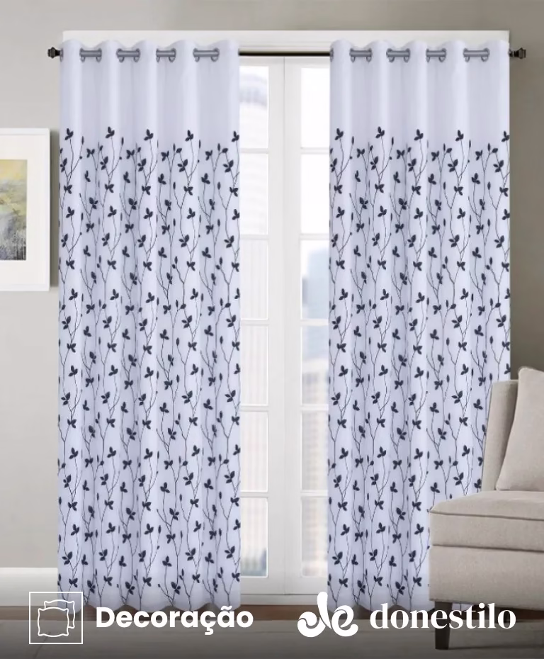 Cortina Voil Bordada Dupla Folhas Pretas 2,70X1,80 m Jolitex