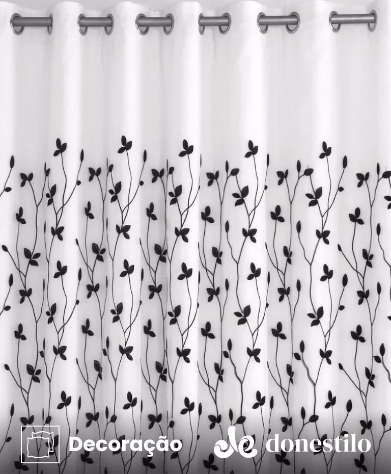 Cortina Voil Bordada Dupla Folhas Pretas 4,50X2,50 m Jolitex