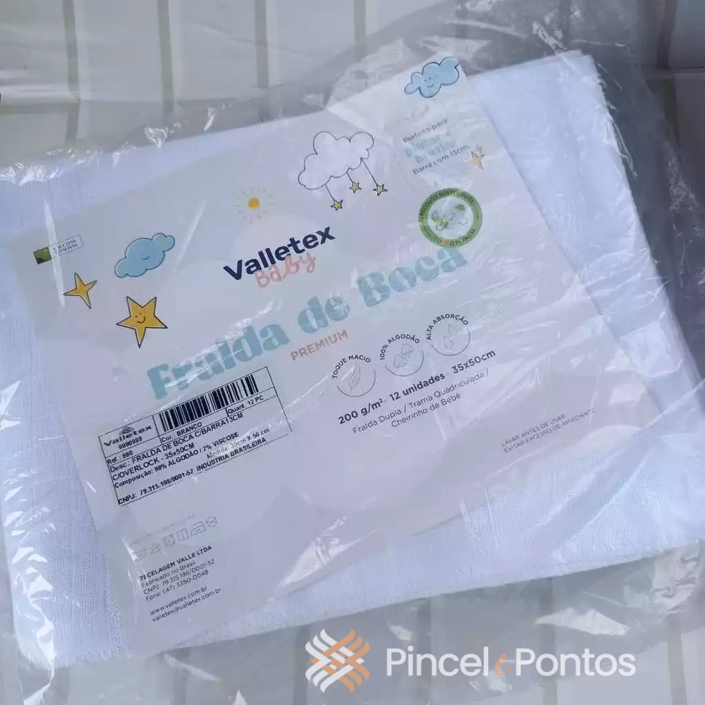 Fralda de Boca para Pintar e Bordar Branca com Overlock e Barra 13 cm Valletex Fralda de Boca para Pintar e Bordar Branca com Overlock e Barra 13 cm Valletex